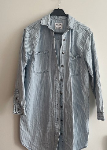 Gri Çizgili Uzun Kollu Denim Gömlek
