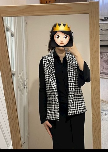 Kadın Siyah Ekose Kolsuz Midi Blazer - Görsel 2