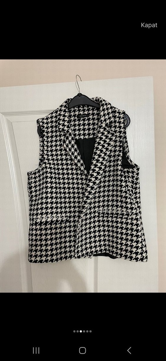 Kadın Siyah Ekose Kolsuz Midi Blazer - Görsel 3