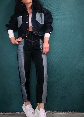 Düğmeli Kadın Denim Pantolon ve ceket takım - Görsel 2