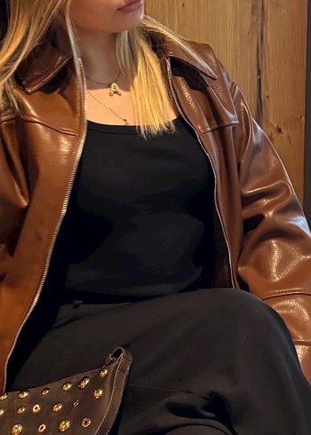 Düğmeli Kahverengi Deri Kadın Ceket