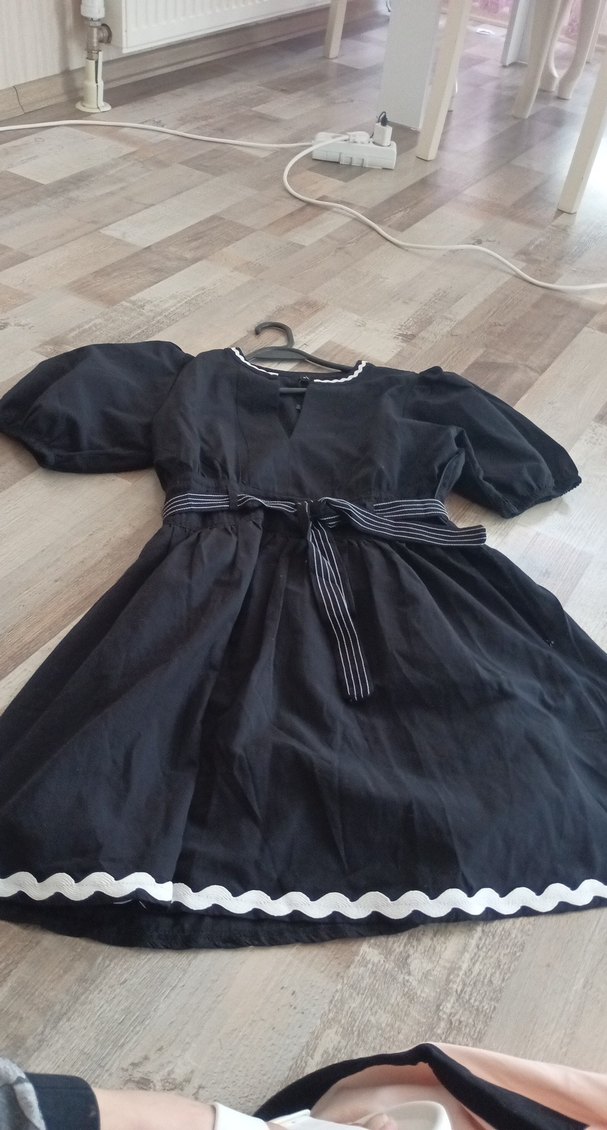 Kemerli Siyah Midi Keten Elbise - Görsel 2