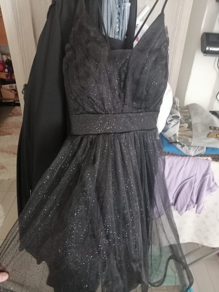 Siyah V Yakalı Drapeli Midi Gotik Elbise - Görsel 2