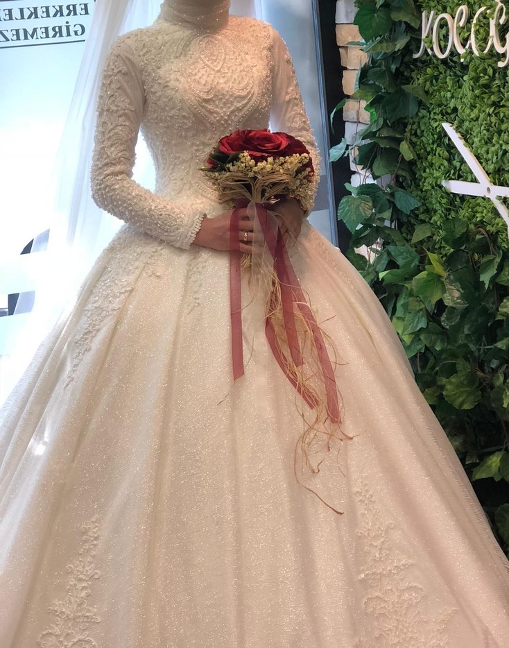 İnci İşlemeli Beyaz Uzun Kollu gelinlik - Görsel 3