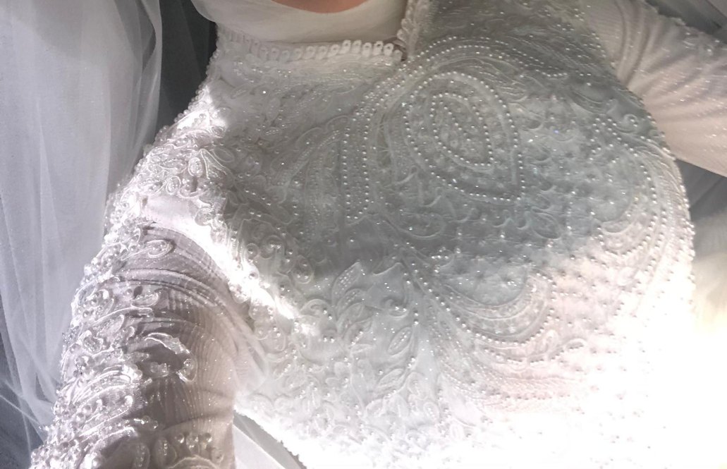 İnci İşlemeli Beyaz Uzun Kollu gelinlik - Görsel 2