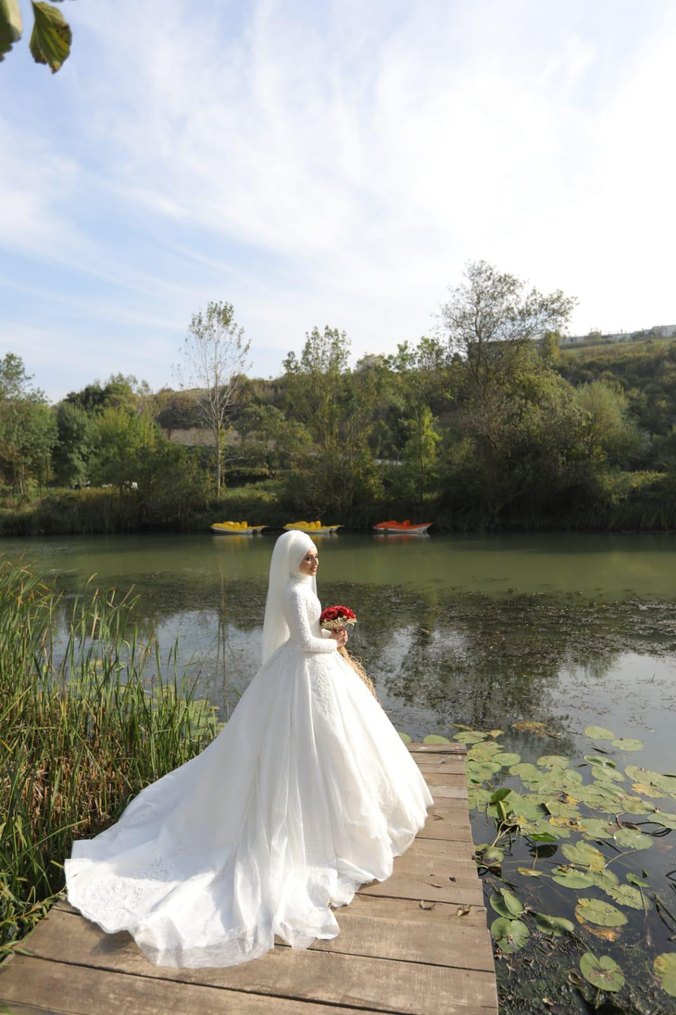 İnci İşlemeli Beyaz Uzun Kollu gelinlik - Görsel 4