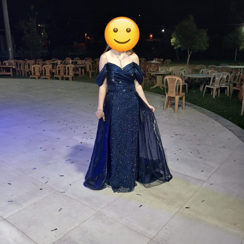 Drapeli Uzun Parlak Mavi Abiye Elbise - Görsel 2