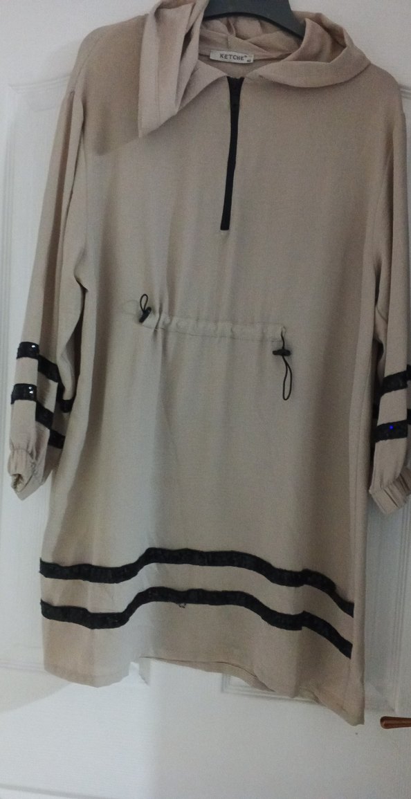 Bej Kapüşonlu Uzun Kollu Kadın Tunik - Görsel 2