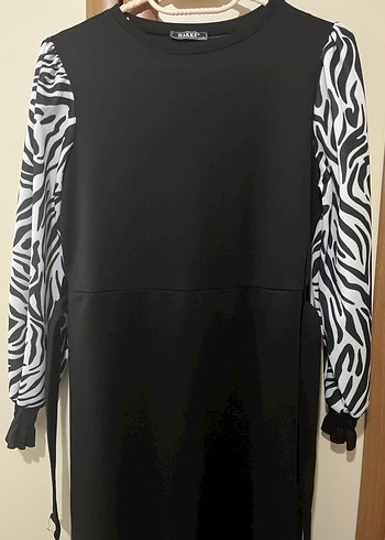 Diğer Uzun Siyah Zebra Desenli Kemerli Elbise
