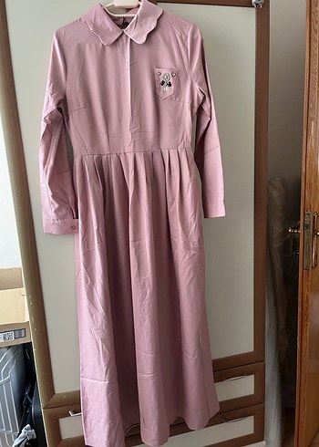 Düğmeli Pembe Pamuklu Uzun Kollu Elbise