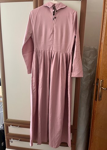 40 Beden pembe Renk Düğmeli Pembe Pamuklu Uzun Kollu Elbise