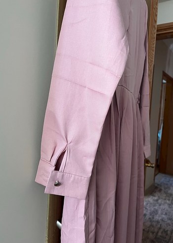 Diğer Düğmeli Pembe Pamuklu Uzun Kollu Elbise