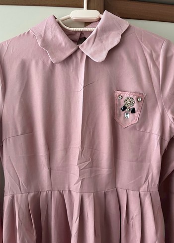 40 Beden Düğmeli Pembe Pamuklu Uzun Kollu Elbise