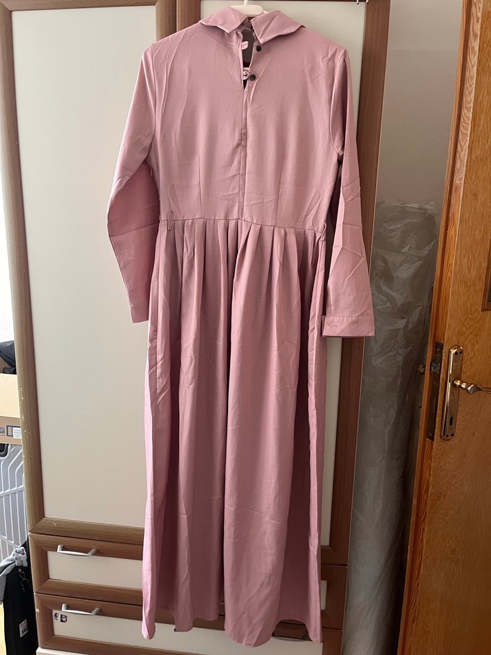 Düğmeli Pembe Pamuklu Uzun Kollu Elbise - Görsel 4