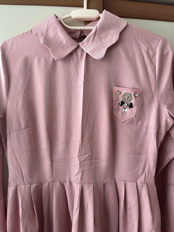 Düğmeli Pembe Pamuklu Uzun Kollu Elbise - Görsel 2