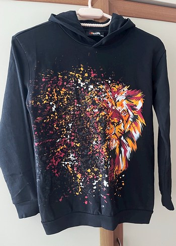 Siyah Kapüşonlu Baskılı Sweatshirt orijinal