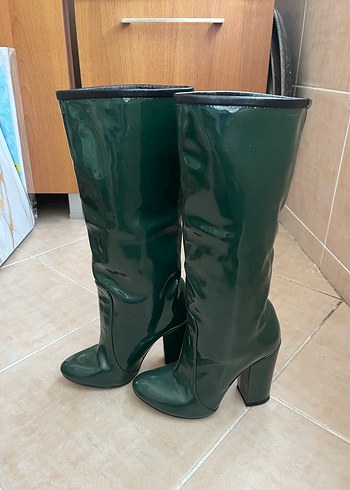 Kadın Parlak Yeşil Dizüstü İnce Topuklu Çizme - Görsel 2