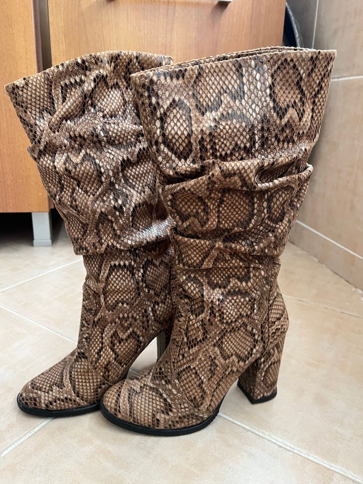 Yılan Desenli Kahverengi Deri Dizüstü Bot - Görsel 2