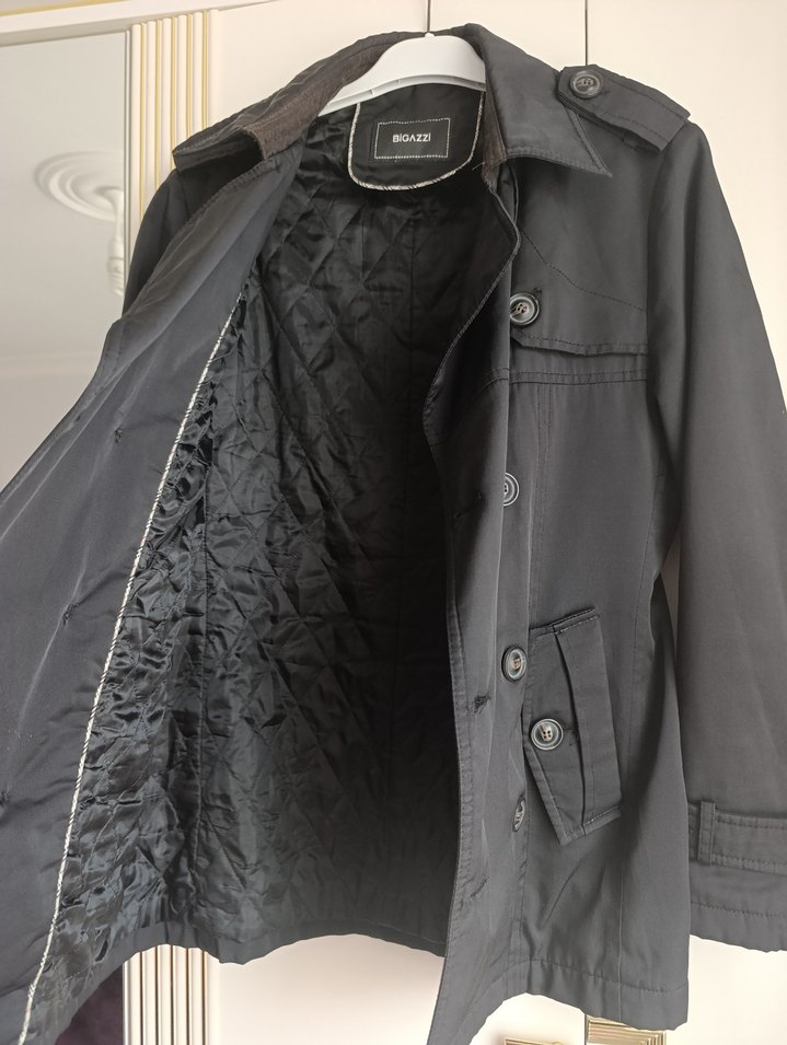 Düğmeli Siyah Midi erkek Trençkot - Görsel 2