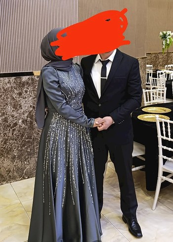 Gri Drapeli Uzun Kollu Abiye Elbise