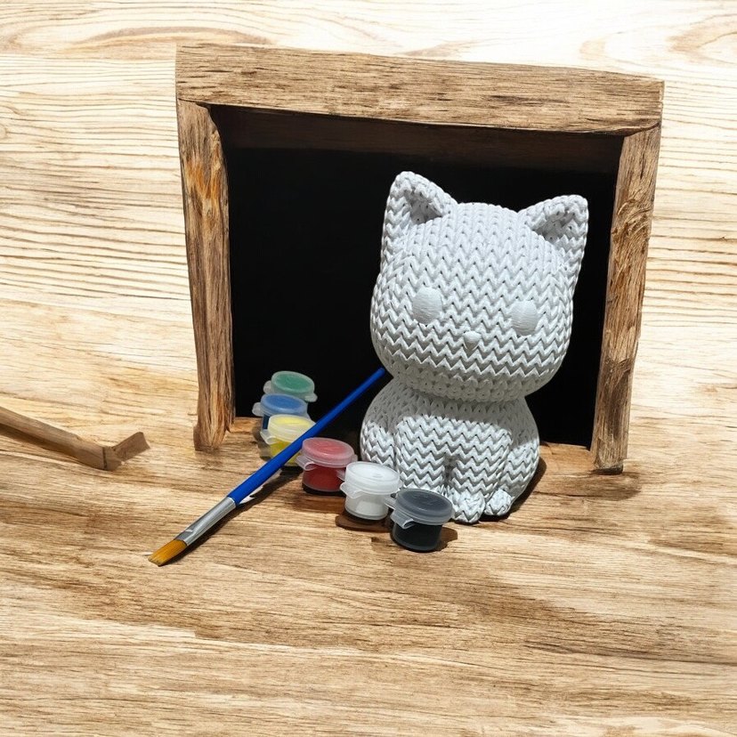 Beyaz Örgü Desenli Kedi Figürü Boyama Seti - Görsel 3
