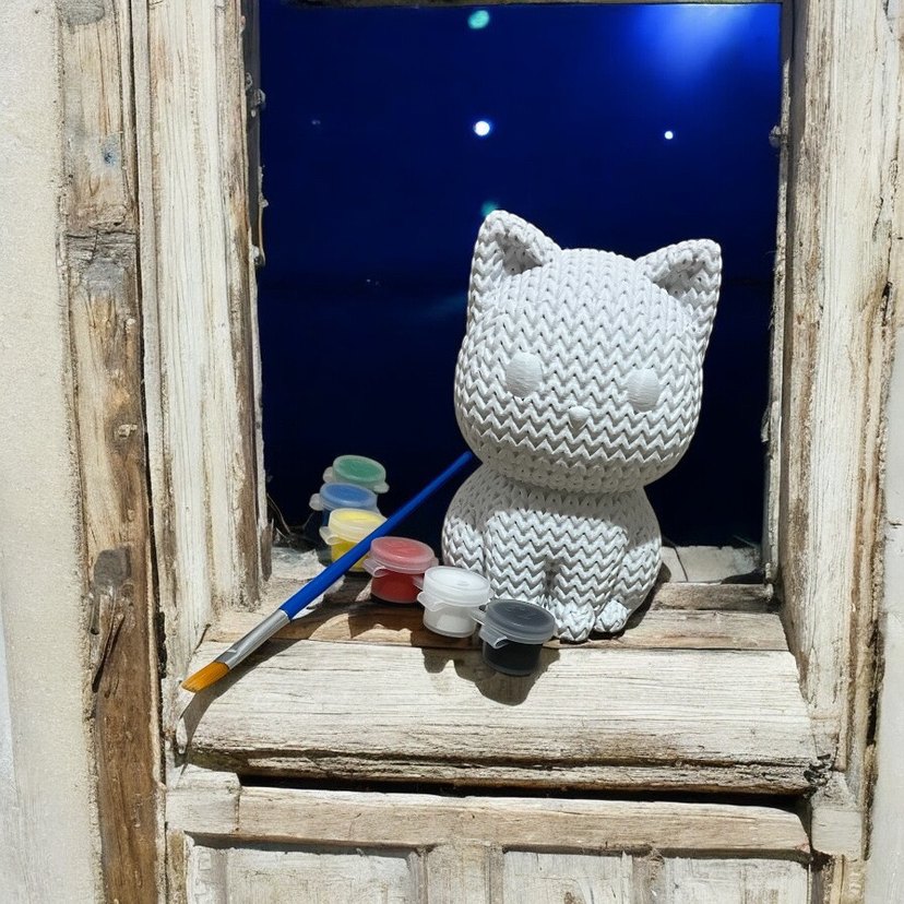 Beyaz Örgü Desenli Kedi Figürü Boyama Seti - Görsel 4