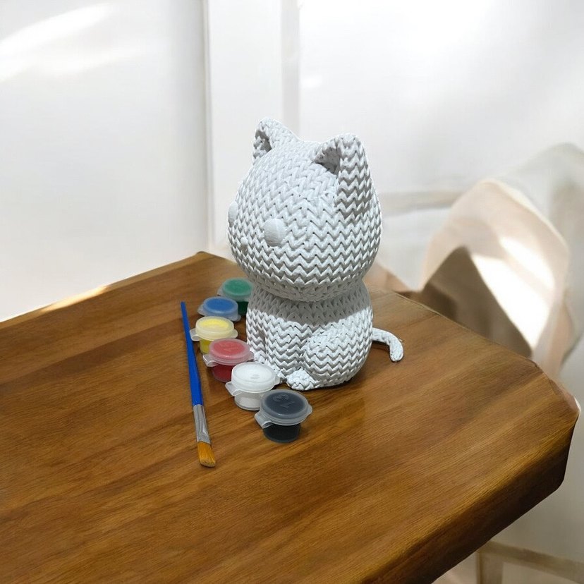 Beyaz Örgü Desenli Kedi Figürü Boyama Seti - Görsel 2
