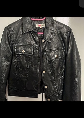 Düğmeli Siyah Deri Biker Ceket