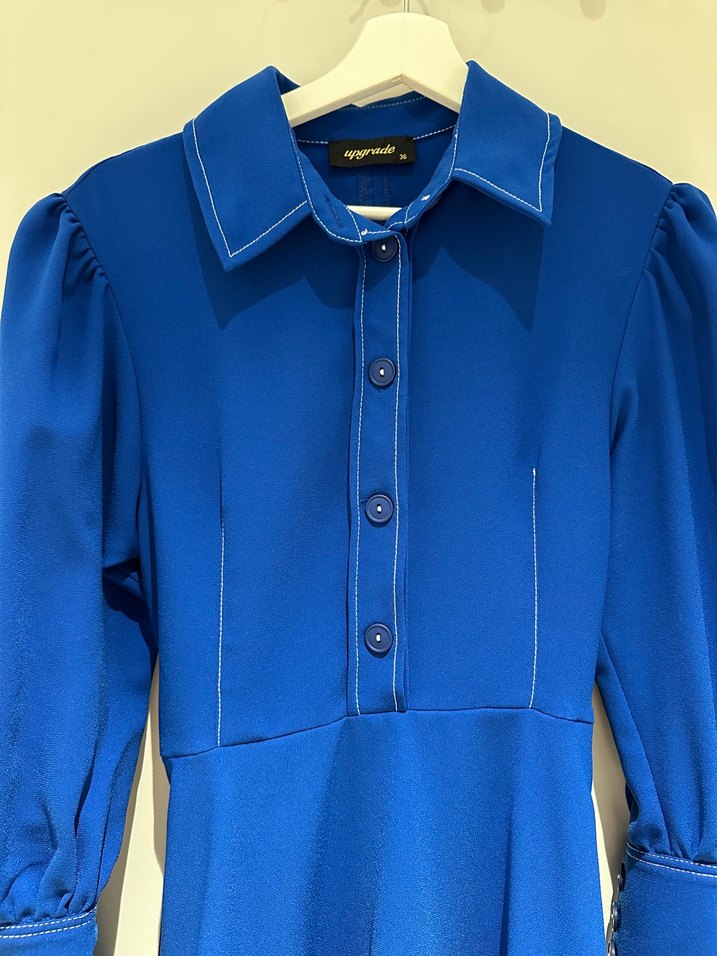 Mavi Düğmeli Kısa Kadın Elbise - Görsel 2