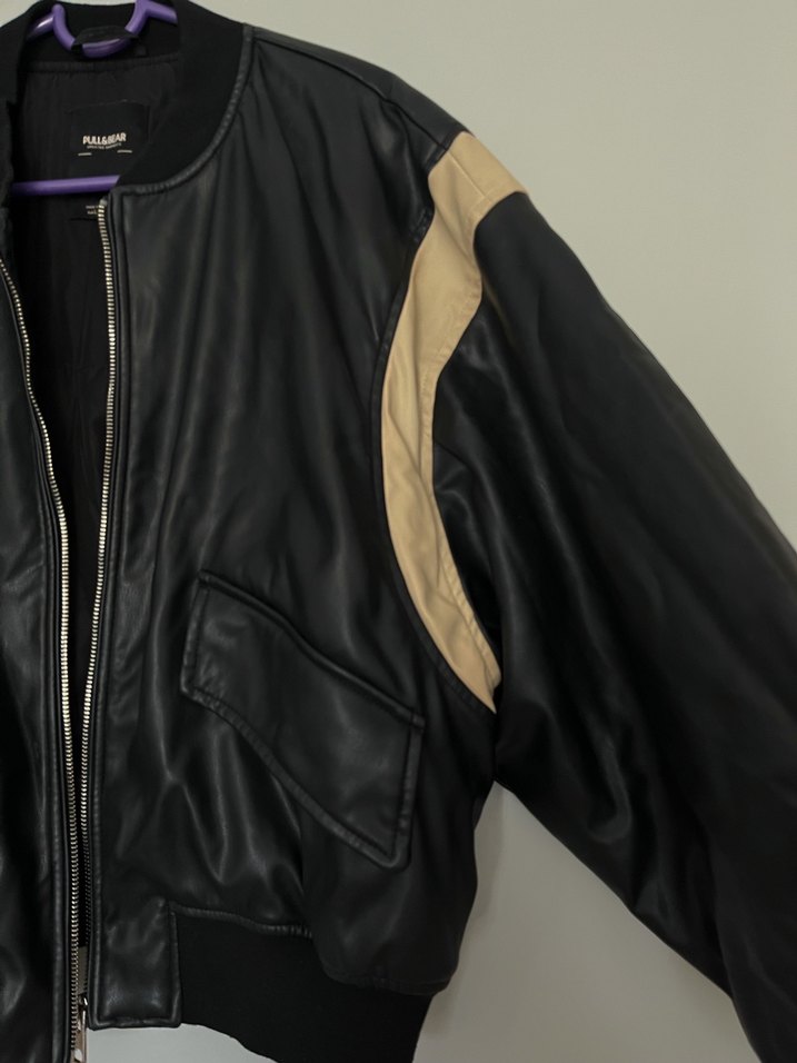 Pull&Bear Suni deri şerit detaylı bomber ceket - Görsel 3
