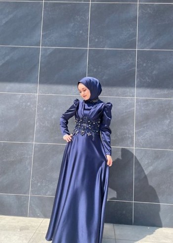 Lacivert Uzun Kollu Yüksek Yakalı Kadın Abiye - Görsel 2