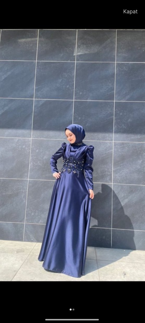 Lacivert Uzun Kollu Yüksek Yakalı Kadın Abiye - Görsel 2