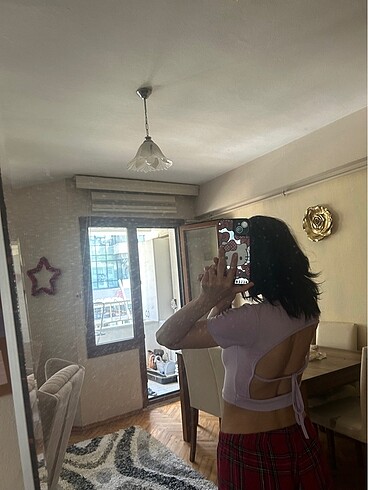 s Beden Mor sırtı bağlamalı ip dekolteli crop