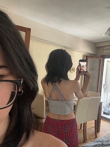 m Beden Gri çapraz askılı crop