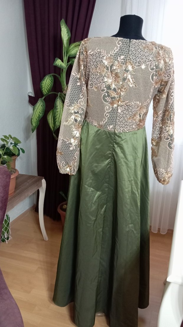 Nakışlı Uzun Kollu Kadın Abiye Elbise - Görsel 3