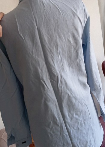 Düğmeli Mavi Keten Kadın Gömlek - Görsel 3