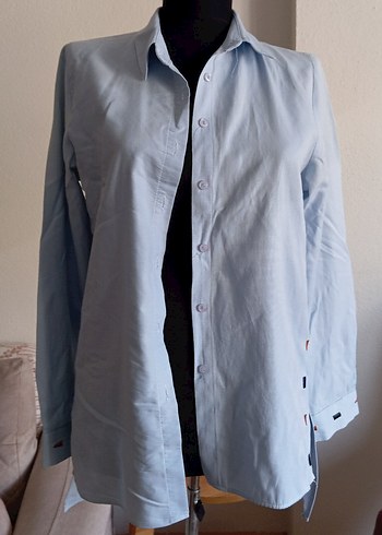 Düğmeli Mavi Keten Kadın Gömlek - Görsel 2