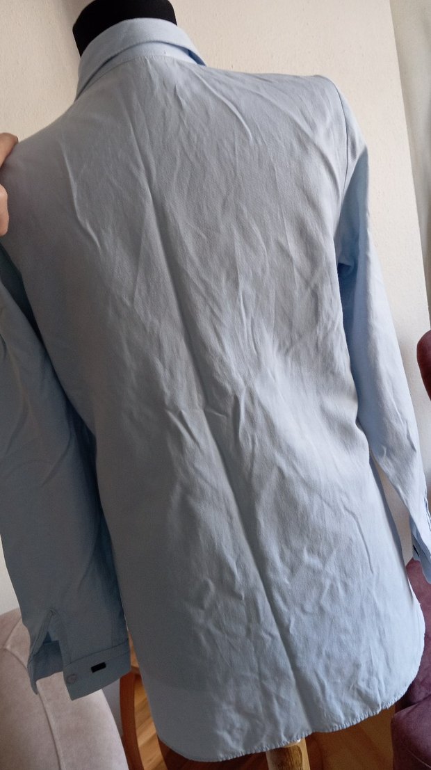 Düğmeli Mavi Keten Kadın Gömlek - Görsel 3