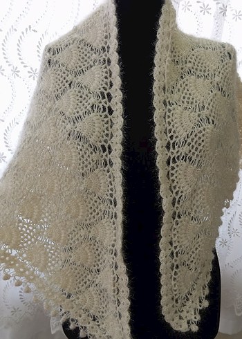 Bej Dantel Detaylı Kadın Örgü Şal - Görsel 3