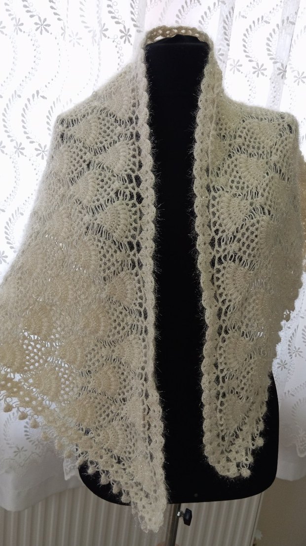 Bej Dantel Detaylı Kadın Örgü Şal - Görsel 3