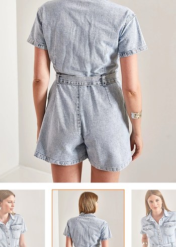 38 Beden gri Renk Gri Batik Desenli Kemerli Kısa Denim Tulum