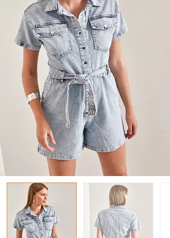 38 Beden Gri Batik Desenli Kemerli Kısa Denim Tulum