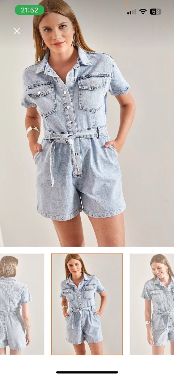 Gri Batik Desenli Kemerli Kısa Denim Tulum - Görsel 2