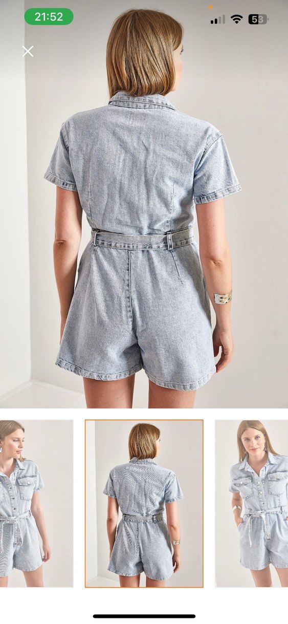 Gri Batik Desenli Kemerli Kısa Denim Tulum - Görsel 3