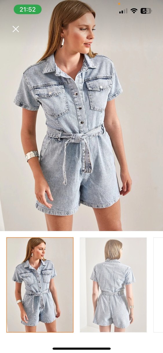 Gri Batik Desenli Kemerli Kısa Denim Tulum - Görsel 4