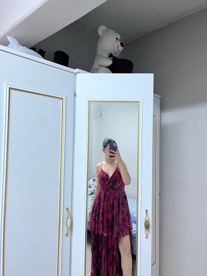 Parlak Bordo Kadın Uzun Elbise - Görsel 4