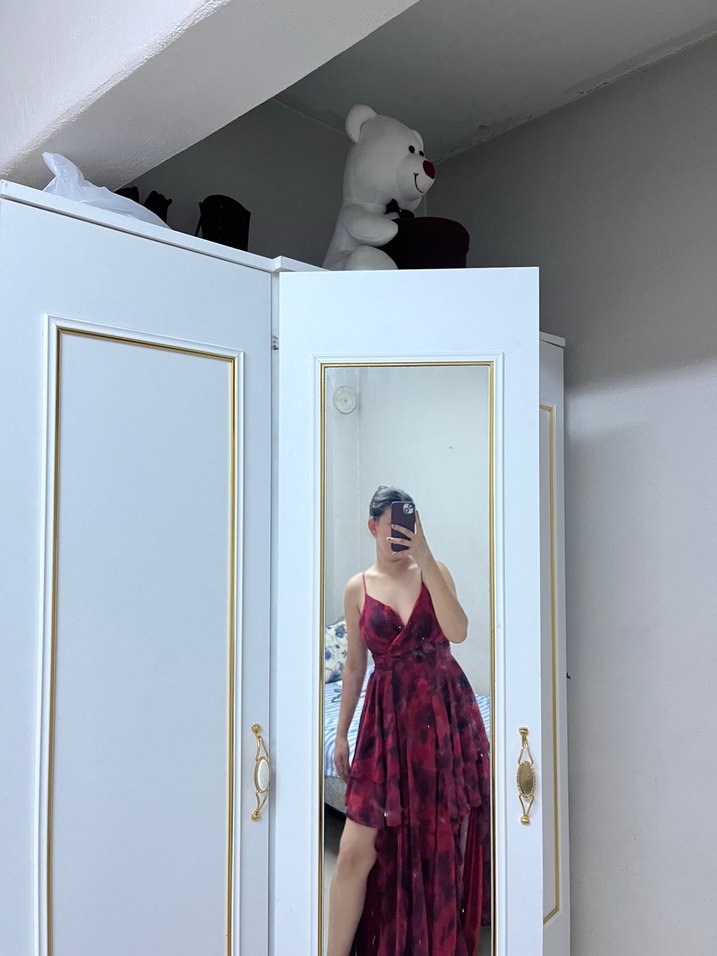 Parlak Bordo Kadın Uzun Elbise - Görsel 2