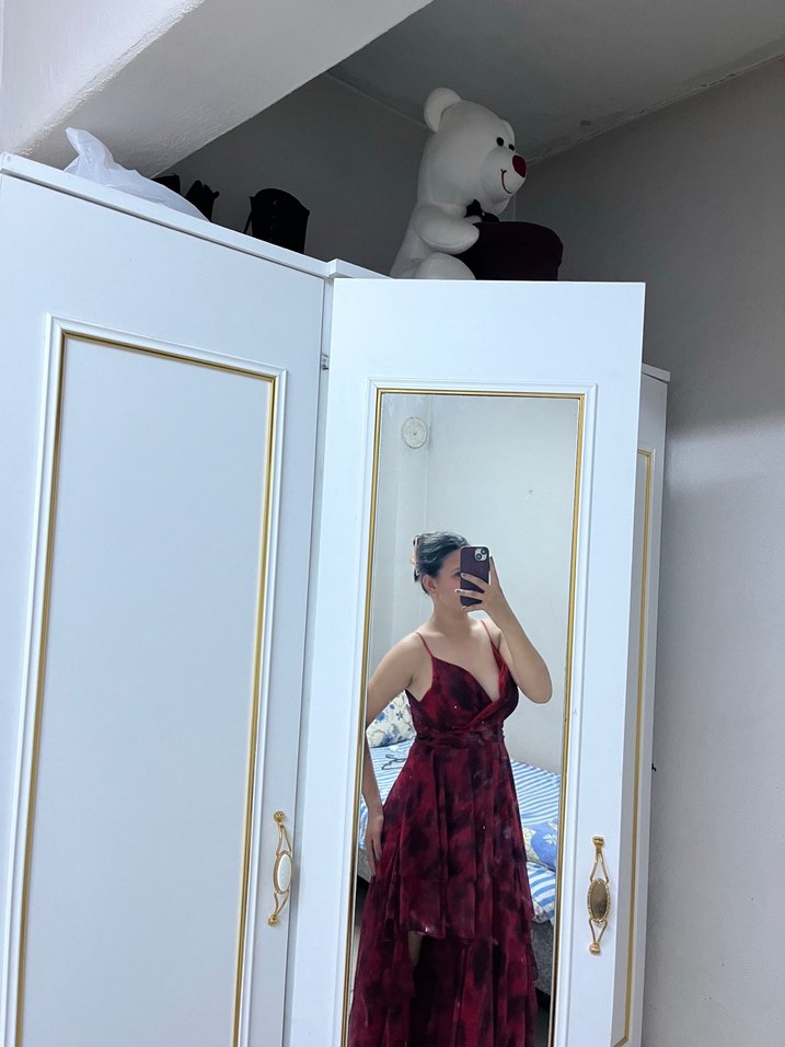 Parlak Bordo Kadın Uzun Elbise - Görsel 3