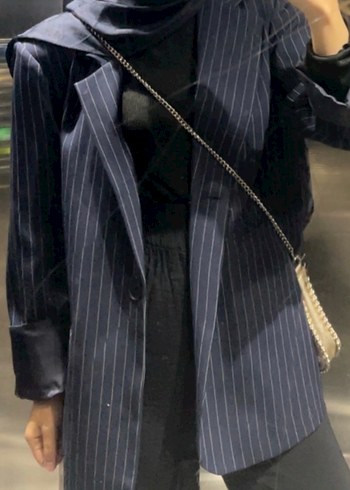 Kadın Lacivert Çizgili Midi Blazer