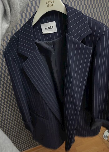 l Beden Kadın Lacivert Çizgili Midi Blazer